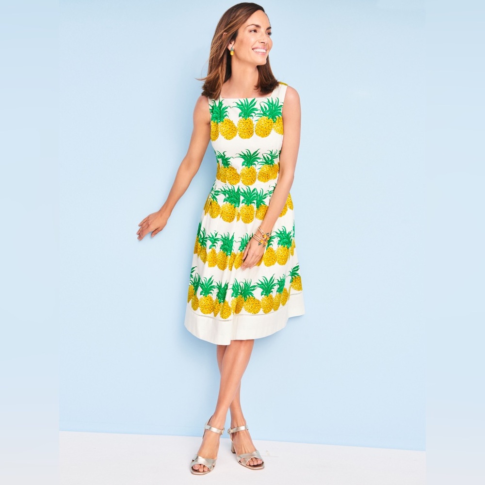 Talbots Pineapple Fit and Flare Dress Size 14 Retro Resort Whimsical Preppy